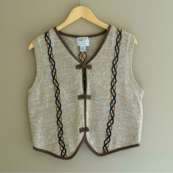 Christopher & Banks Vintage Hand Embroidered Sweater Vest Tan Navy Size Small - Picture 1 of 11